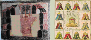 איור מימי הביניים לצד ציור קיר מדורה אירופוס מתארים את המשכן ניצב בלב מחנה ישראל